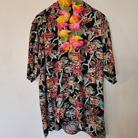 Izod Club Black Hawaiian Shirt L Aloha Car Print Retro 50s Style - Picture 3 of 8